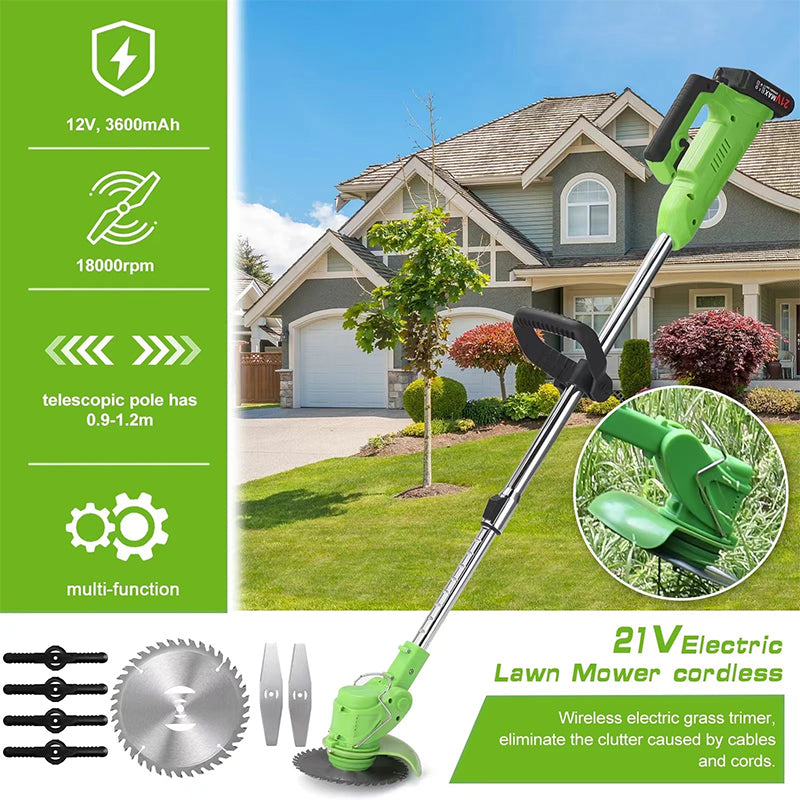 Wheels Grass Trimmer Electric Lawn Mower Cordless Length Adjustable Cutter Power Garden Tool Grass Cutting Machine