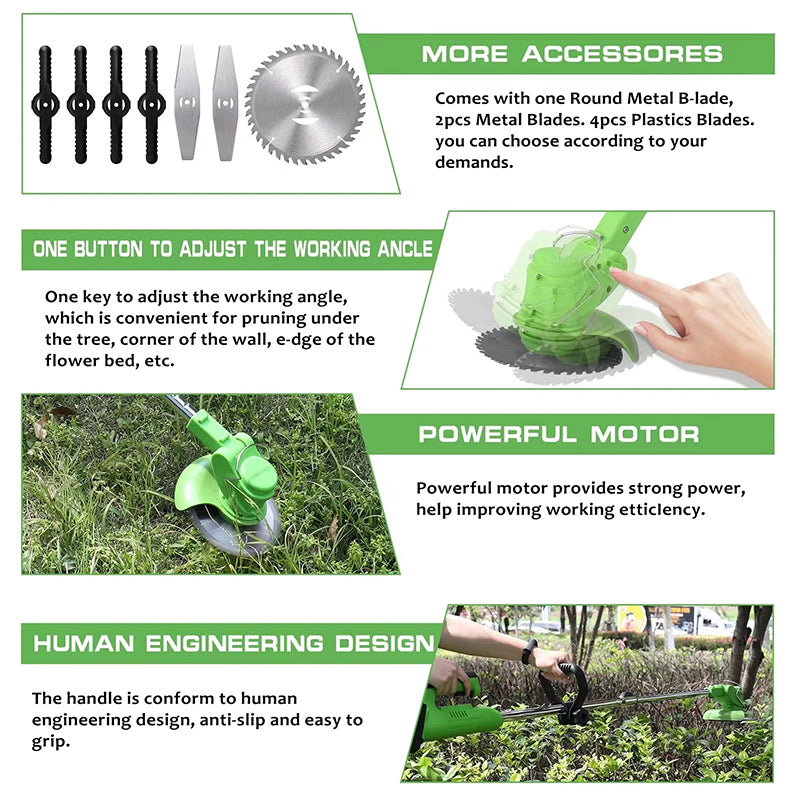 Wheels Grass Trimmer Electric Lawn Mower Cordless Length Adjustable Cutter Power Garden Tool Grass Cutting Machine