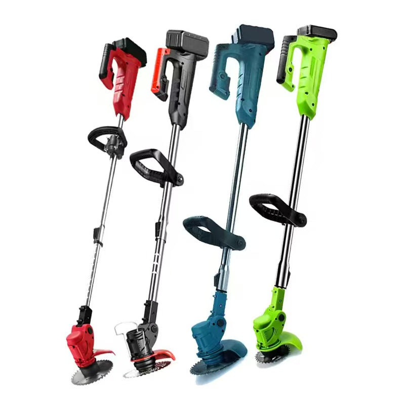 21V Electric Lithium Lawn Mower Telescopic Handle Multi-Function Power Cordless Grass Trimmer Two Batteries Wheels DIY Cutting